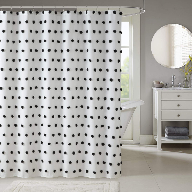 Rideau de douche tendance avec pompons texturés, décor de salle de bain moderne, écran d'intimité pour salle de bain lavable à la machine, 72 po x 72 po, noir / blanc
