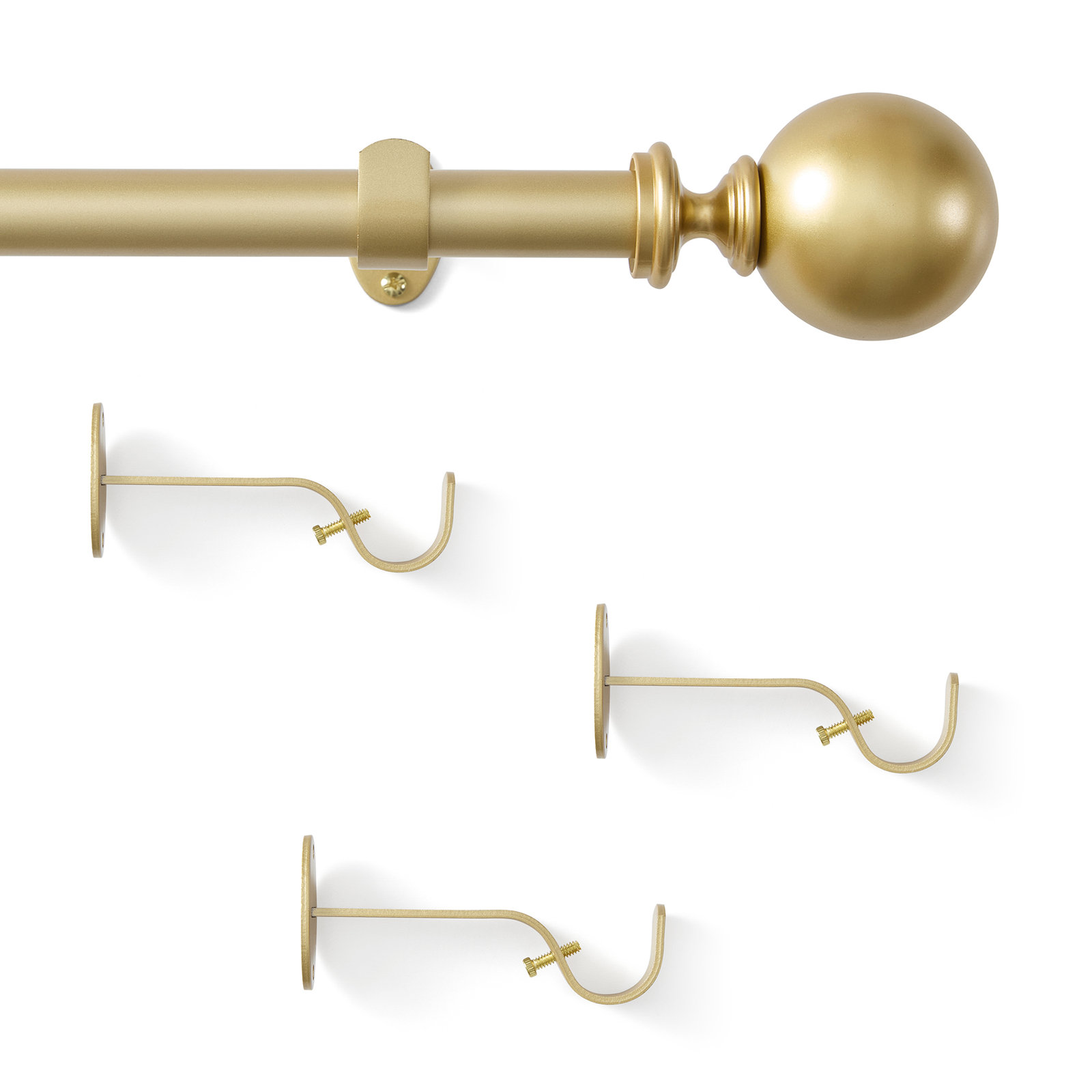 Darion Ball Finial Single Curtain Rod, 2.5" H x 86" W x 5" D, Soft Gold