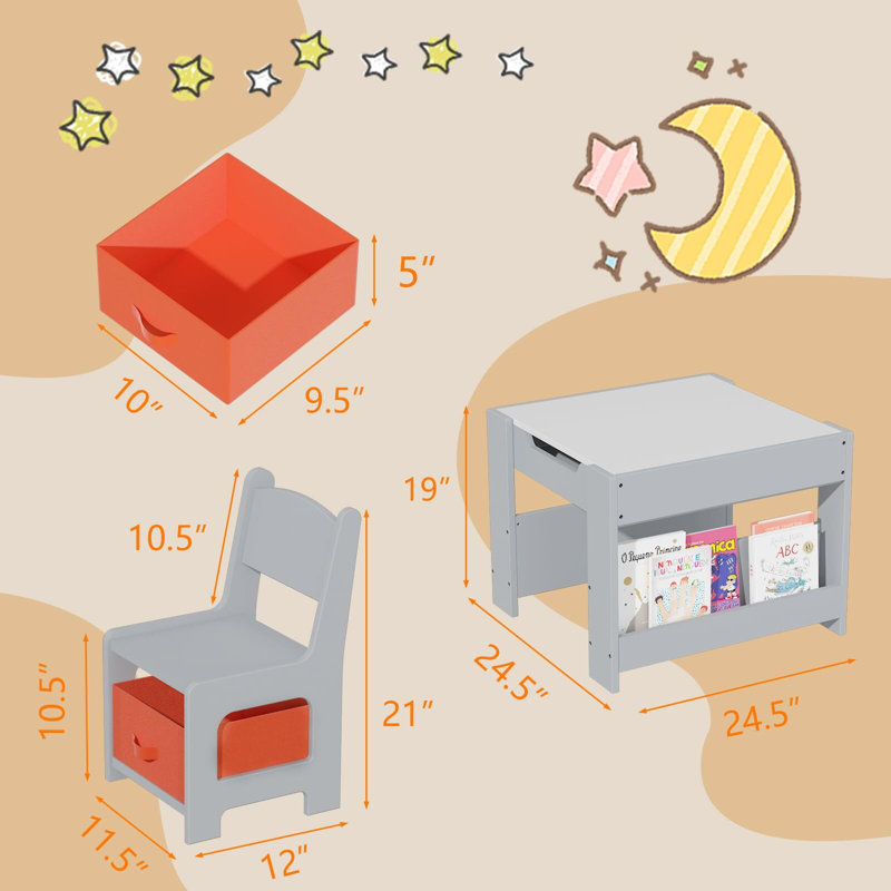 Ensemble de table et de chaises pour enfants, table d'activité en bois pour tout-petits 4 en 1 et 2 chaises, Gris