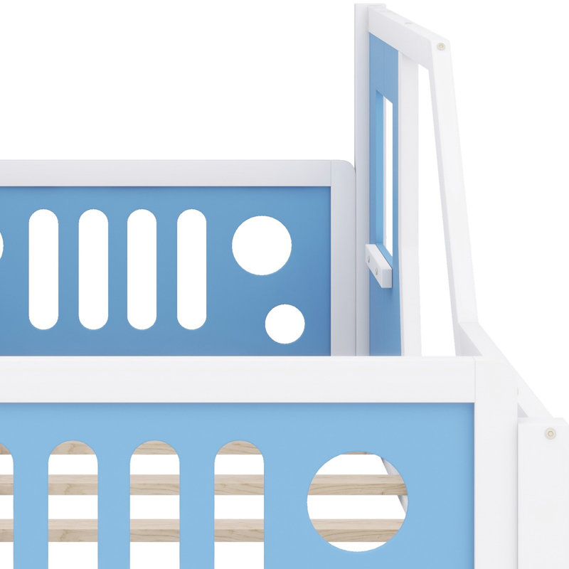 Lit plateforme classique avec roulettes en forme de voiture, Blanc / Bleu