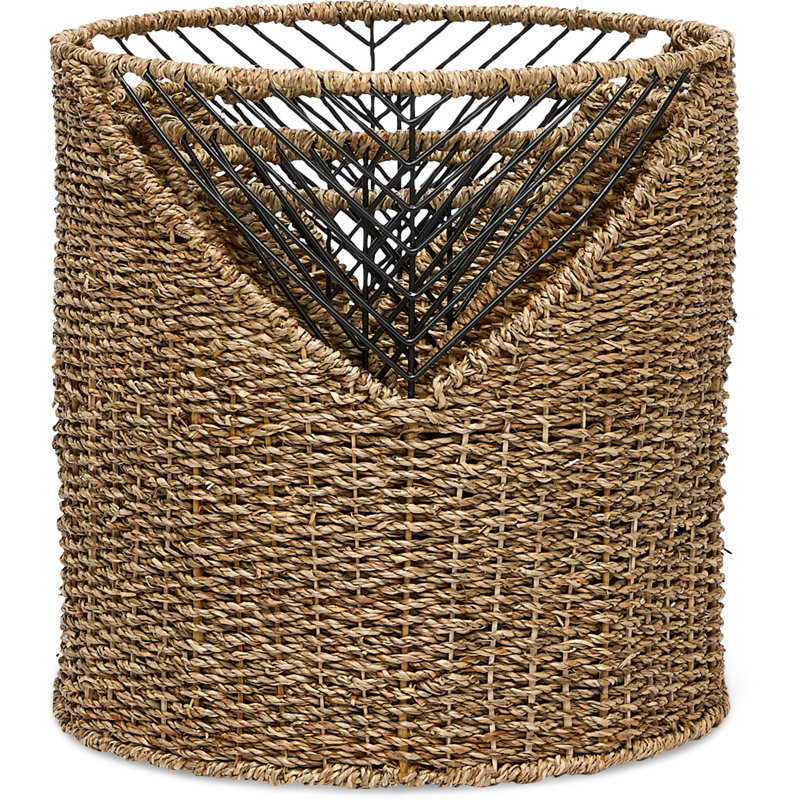 Set of 3 Round Seagrass and Black Metal Storage Baskets
