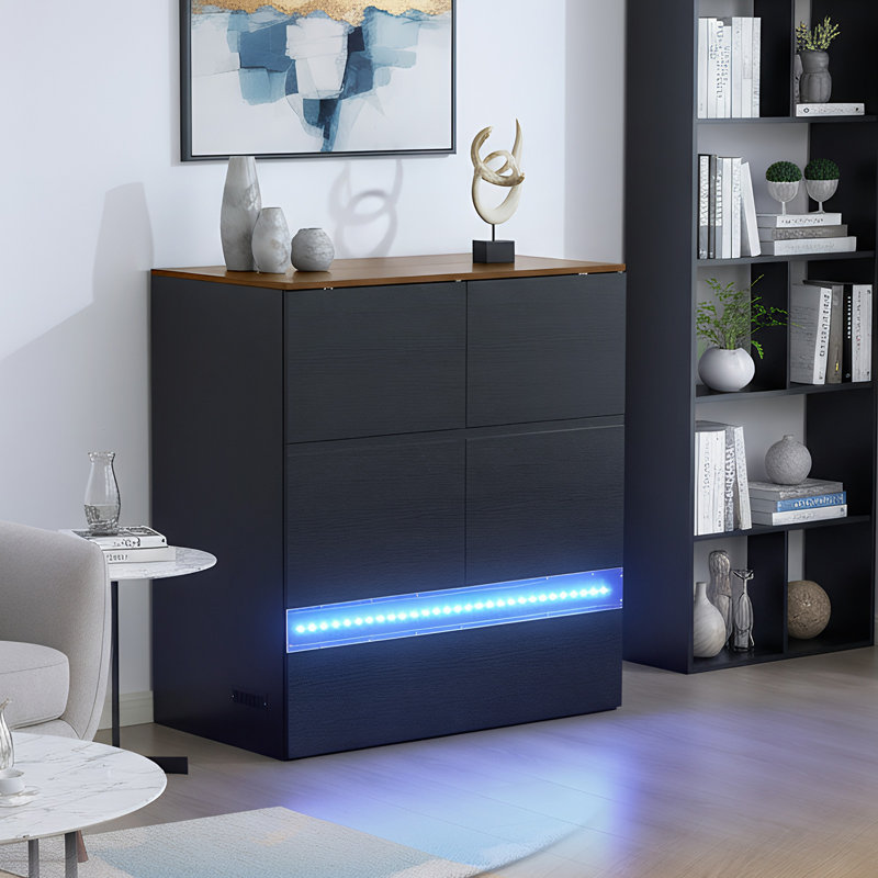 Twin Size Murphy Bed With Storage Drawer,Smart LED Lighting & Built-In Charging Station, Space-Saving Cabinet Bed For Kids,Adults,Black