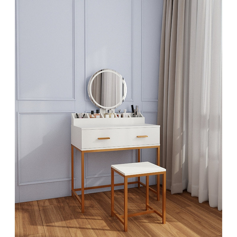 White and Gold Makeup Vanity Set with Mirror Stool and Storage Drawers Space Saving Dressing Table Organizer for Small Bedrooms