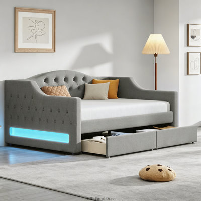 Upholstered Twin XL Daybed with LED Belt and 2 Drawers, Gray