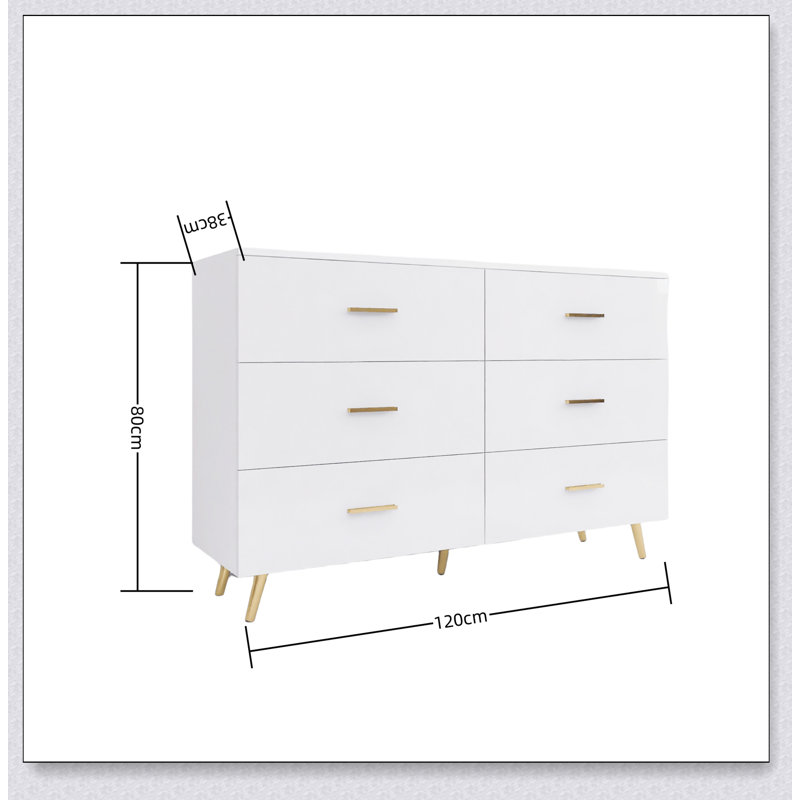 Commode 6 tiroirs très brillante avec poignées dorées et pieds en acier, parfaite pour les chambres modernes et élégantes