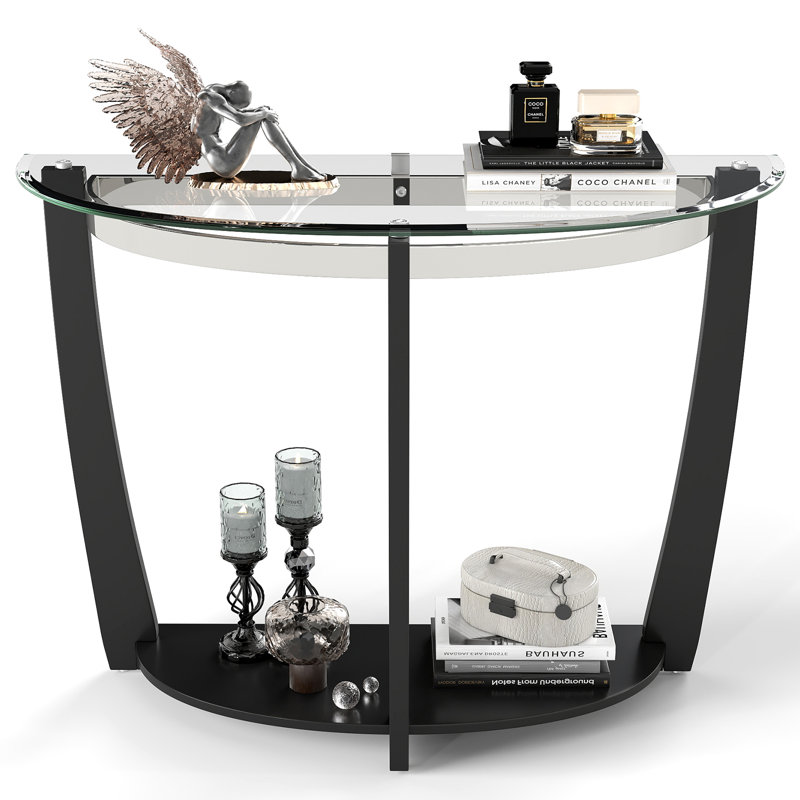 2-tier Modern Half Moon Sofa Table w/Clear Glass Top & Open Shelffor Living Room Black, Black
