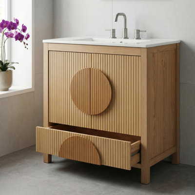 Solid Wood Bathroom Vanity with Integrated Sink & Soft-Close Doors, Freestanding Modern Wood Cabinet with Drawer & Open Storage