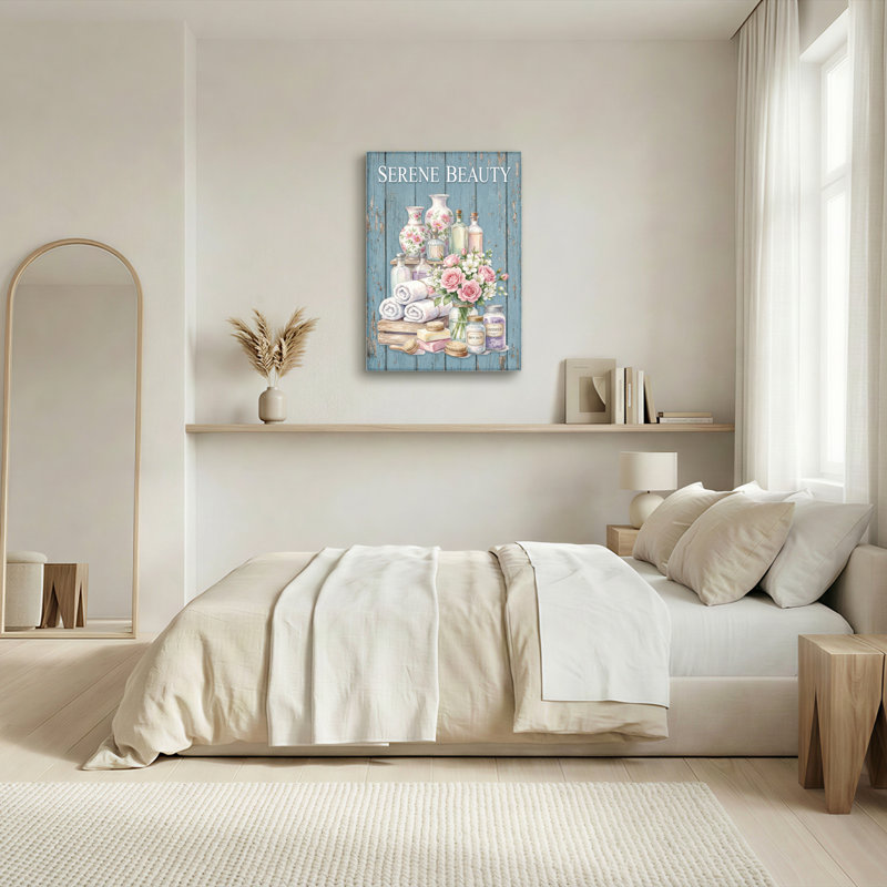 Ensemble de 1 tableau sur toile tendue représentant des fleurs et des accessoires de bain, intitulé « Beauté sereine ».