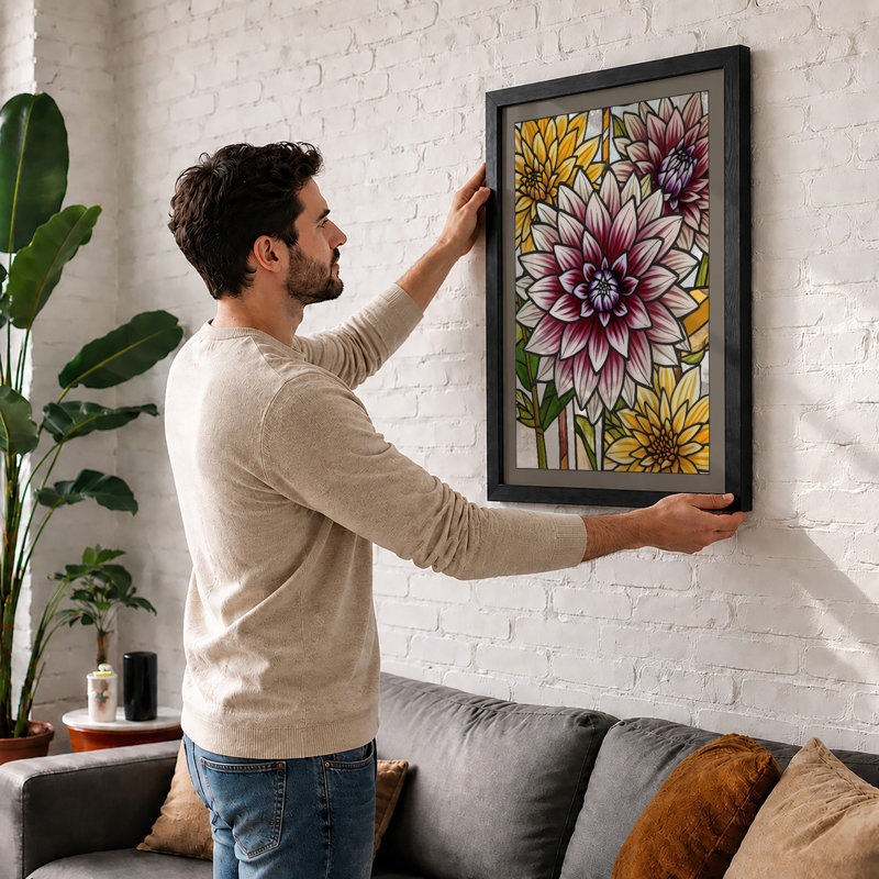 Dahlia Study Botanical - Framed Print, Oak, A4 - 29.7 x 21.0 cm