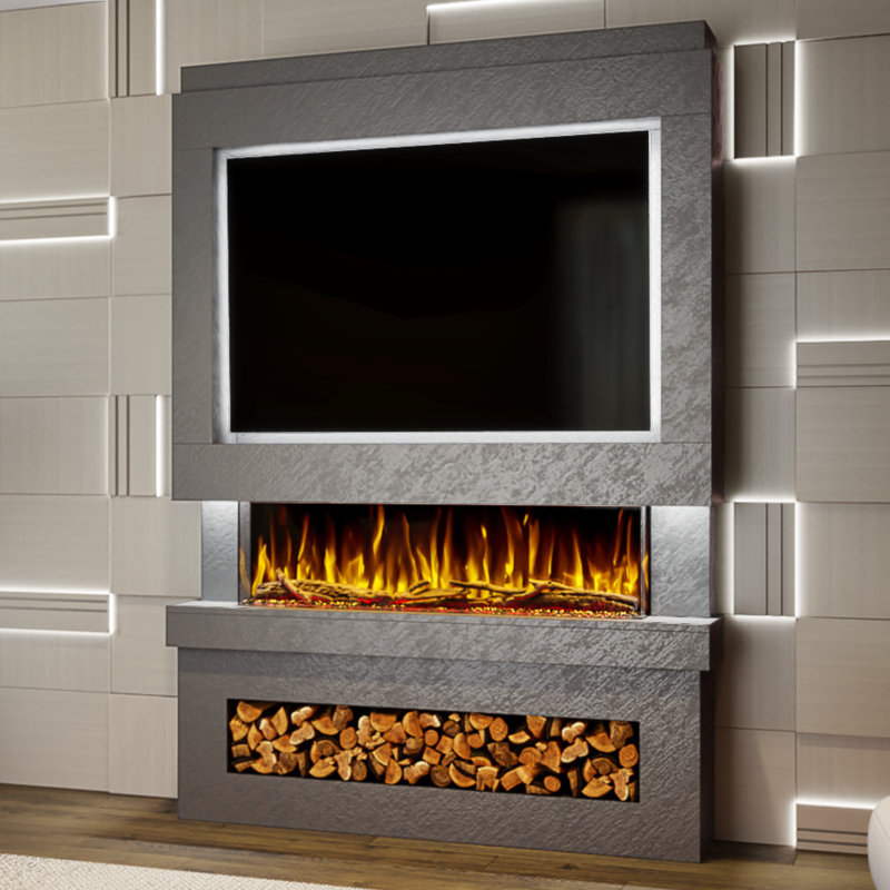 Evolution Fires Pre-Built Media Wall Package 6, finished in textured Venetian Plaster, includes Spectrum Series 44 Series 3-Sided Electric Fireplace