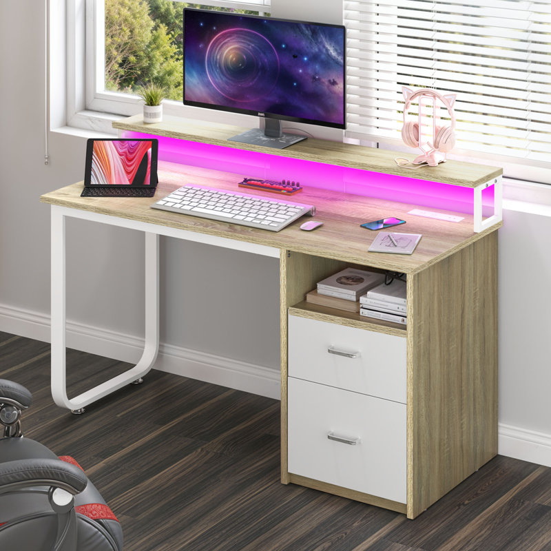 Broddrick 47.2'' Writing Desk with Charging Station & LED Light, Brown/White