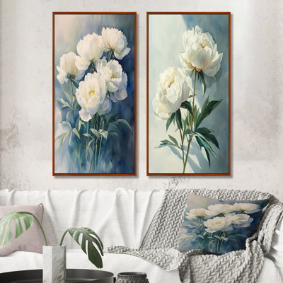 Pivoines aqua et ombres géométriques I - collection d'art mural floral 2 panneaux