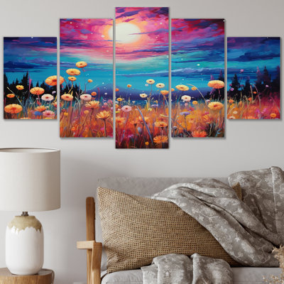Full Moon Magic Over Blossoming Flower Meadows - Flower Field Canvas Print - 5 Panels