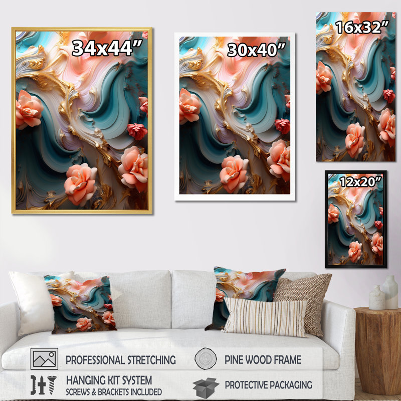 «River Blossoms Pink Rose», reproduction d'art liquide - reproduction, H 32 po x l 16 po x P 1 po, Cadre flottant noir