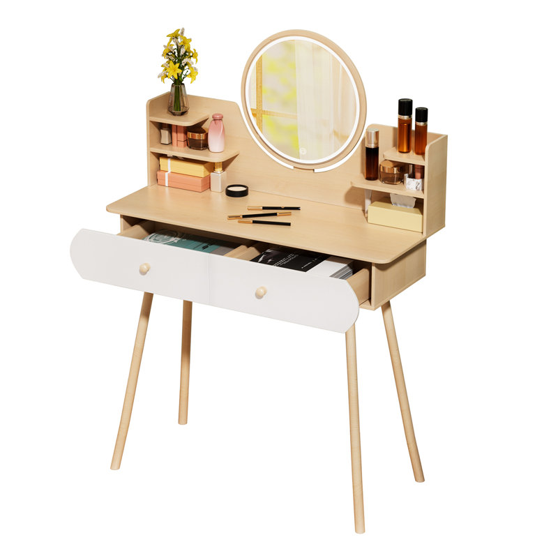 Bureau de coiffeuse avec miroir et lumières, petite coiffeuse de maquillage avec 2 tiroirs et armoire de rangement pour bijoux, 3 modes d'éclairage à luminosité réglable, coiffeuse pour chambre à coucher - chêne naturel