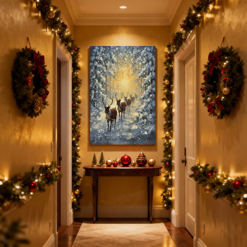 «Christmas Winter Forest Deer Snowfall Light Path», ensemble de 3 impressions sur toile, H 30 po x l 20 po