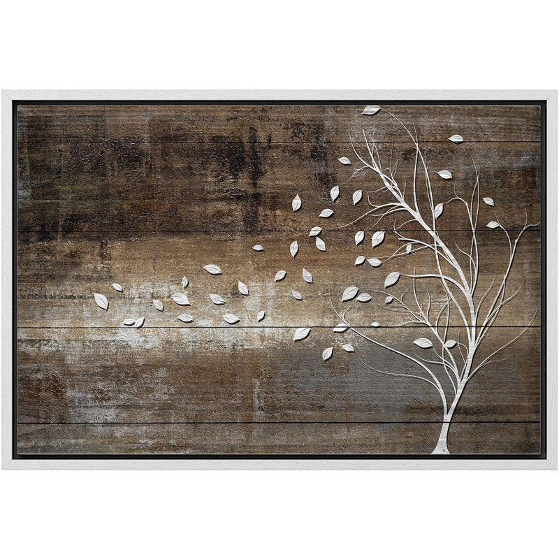 «Leaves Blown Away By Wind From Tree Wood Effect Rustic Large», reproduction d'art sur toile encadrée, White