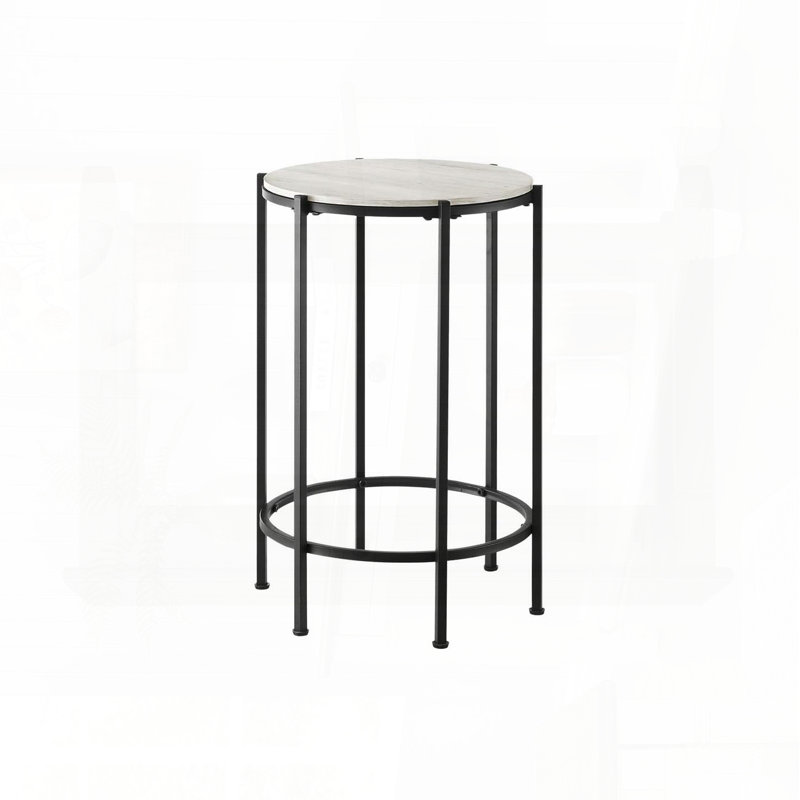 Round Accent Table with Washed Oak Laminate and Black Metal Legs, Washed Oak Top/Black Base