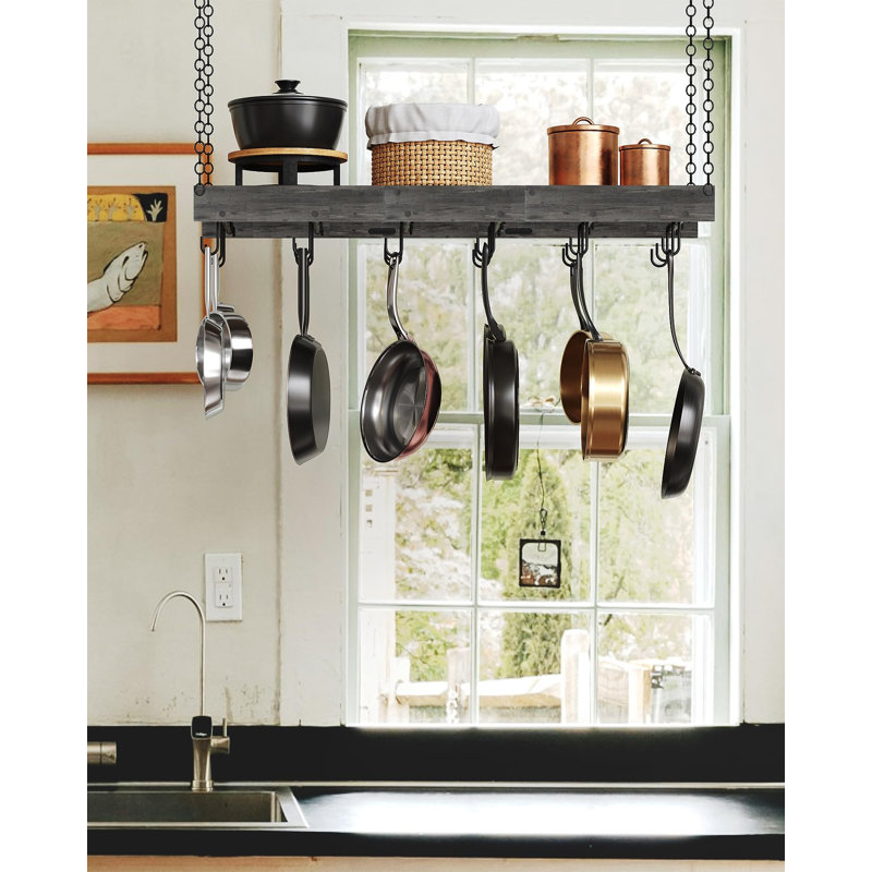 Support mural et de plafond pour casseroles de cuisine, style industriel, avec 18 crochets, noir anthracite, Charcoal Black