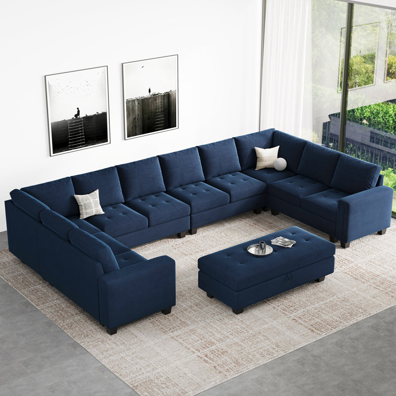 Canapé modulaire rembourré en velours de 8 pièces Shavera, Velours bleu