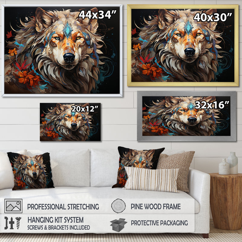 Loup natif de Lakota sur toile, Cadre flottant noir, H 16 po x l 32 po x P 1 po
