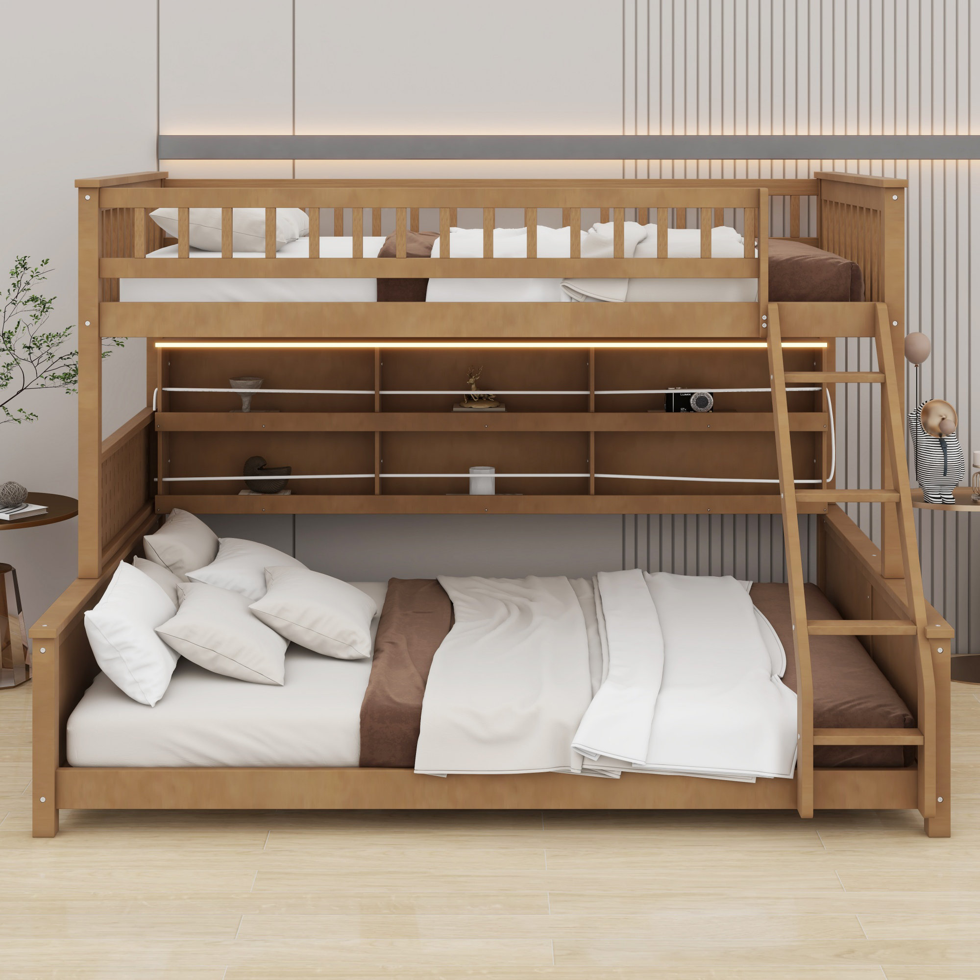 Ebern Designs Sturdy Bunk Bed with Attached Shelving, Lights and