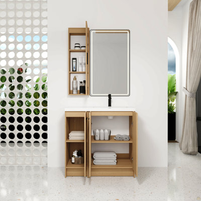Ensemble de meuble-lavabo sur pied 36 po avec armoire à linge haute, armoire de rangement à 3 portes, lavabo simple en résine, grand rangement, finition chêne clair
