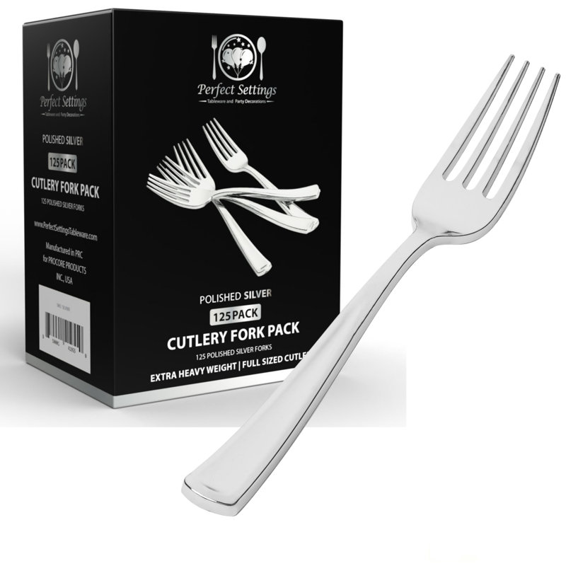 Perfect Settings Tableware 125 Pack Silver Plastic Disposable Fork Set- Polished Chrome Plastic Silverware Heavy Duty Elegant Designed Forks (Set of 125)