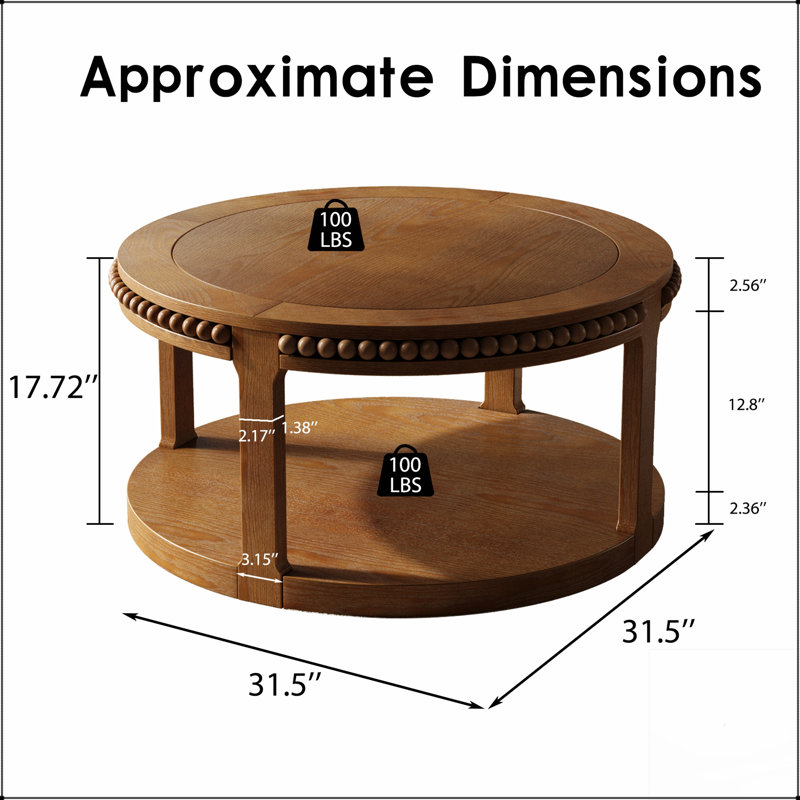 Table basse et canapé de 31,5 pouces en bois massif rond - plateau épaissi à deux niveaux, pieds robustes, table circulaire pour le salon