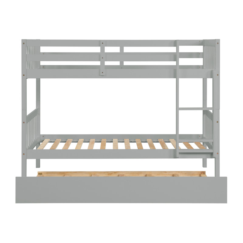 Lit simple superposé en bois d'hévéa simple avec lit gigogne, convertible en lit simple, lit superposé simple avec échelle et garde-corps de sécurité, gris