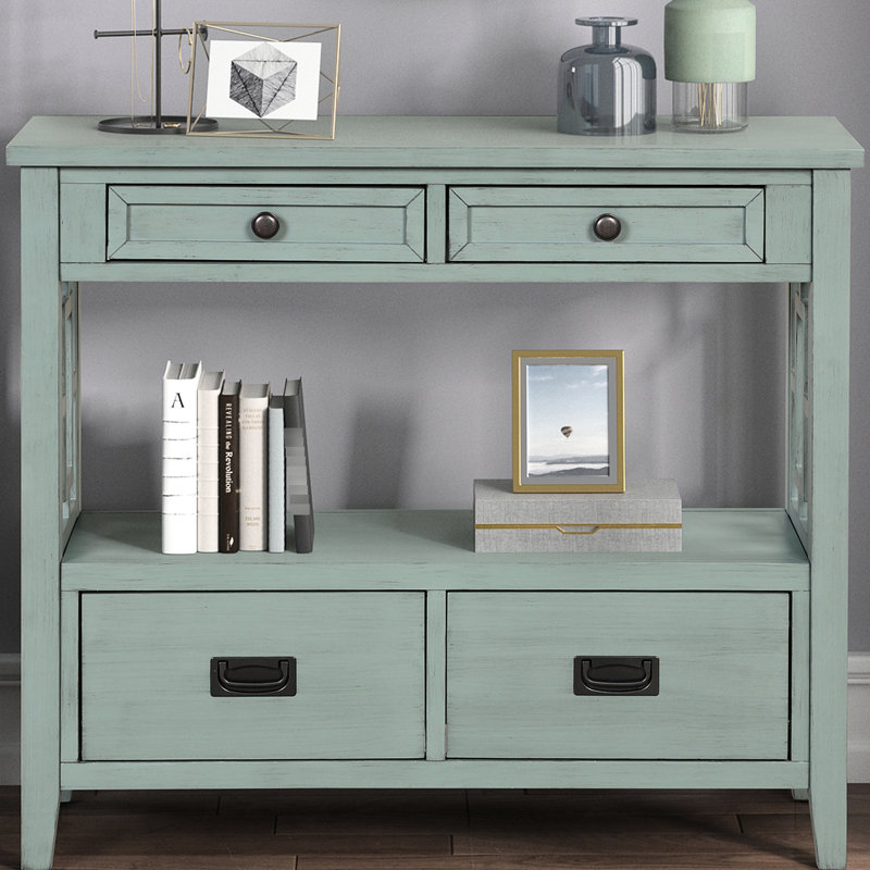 Console rétro bleu avec 4 tiroirs et tablette, pin massif pour le salon, la chambre à coucher, le couloir, la cuisine en bleu. Bois. Décoration de chambre à coucher 1 tablette