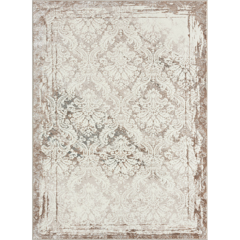 Performance Damask Transitional Beige/Ivory Indoor Area Rug, Rectangle 5' x 7'