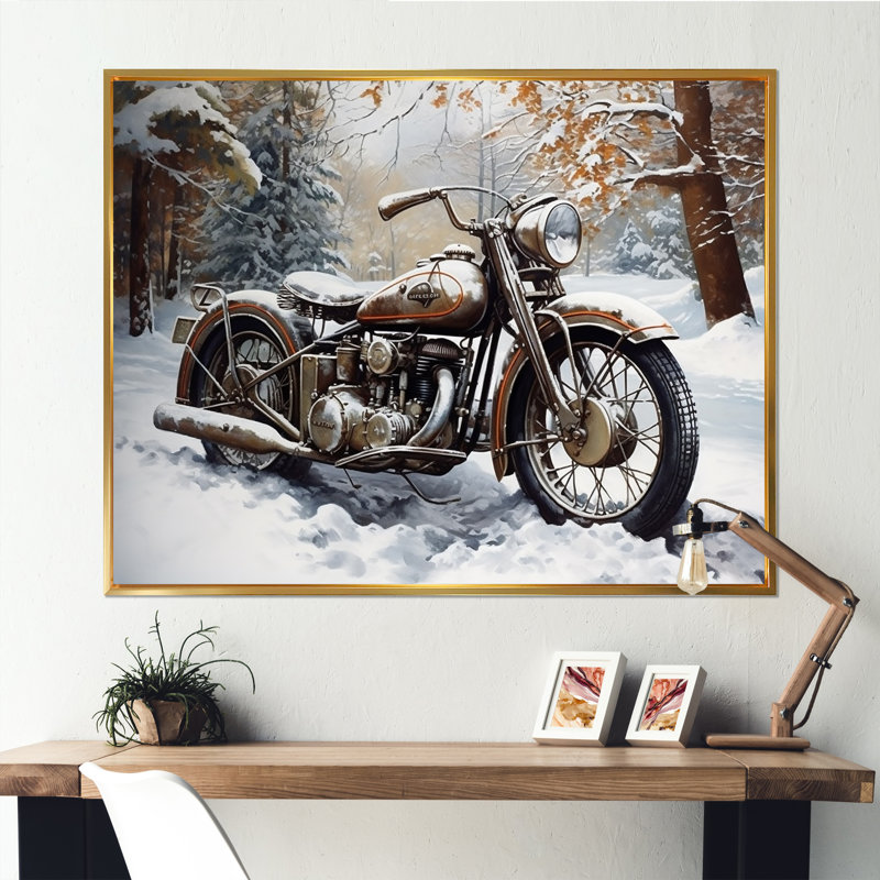 «War Rustic War Bike In Winter», reproduction sur toile, H 24 po x l 32 po x P 1 po, Cadre flottant doré