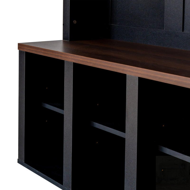 Farmhouse Wooden Hall Tree With 6 Hooks, Adjustable Shelves, And Storage Bench For Entryway Organization, Black/Dark Walnut
