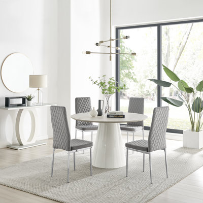 Statement 4 Person Round Dining Table Set in Luxury Beige Stone Effect - Velvet Dining Chairs