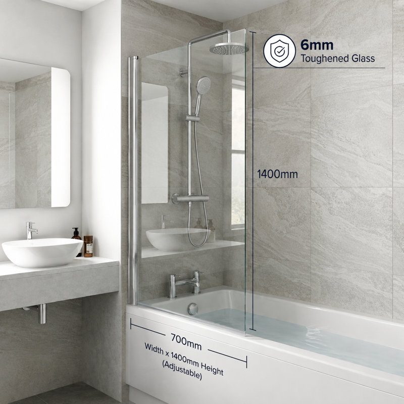 600mm W x 1400mm H Hinged Frameless Tub Door with Clear Glass
