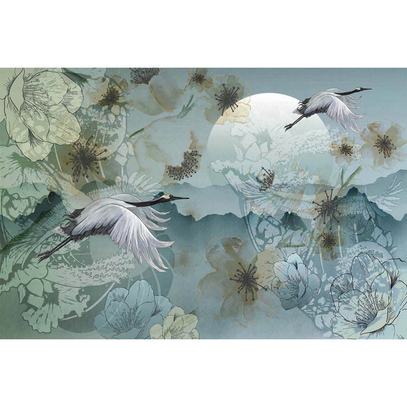 Papier peint Serene Cranes And Blossoms, Bleu, L 54,96 po x l 81 po