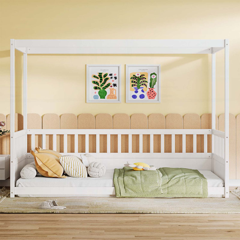 Canopy Bed Frame with Guardrails, Twin, White