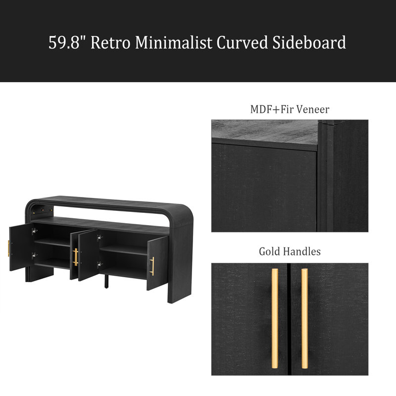 Buffet rétro rétro minimaliste avec poignées dorées, armoire de rangement multifonctionnelle avec 4 portes, console d'entrée avec tablette ouverte pour le salon, la salle à manger