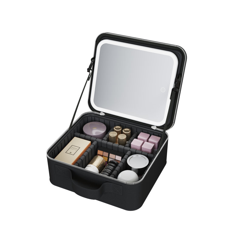 Portable LED Makeup Case with Lighted Mirror 3 Lighting Modes Stepless Dimming Removable Dividers