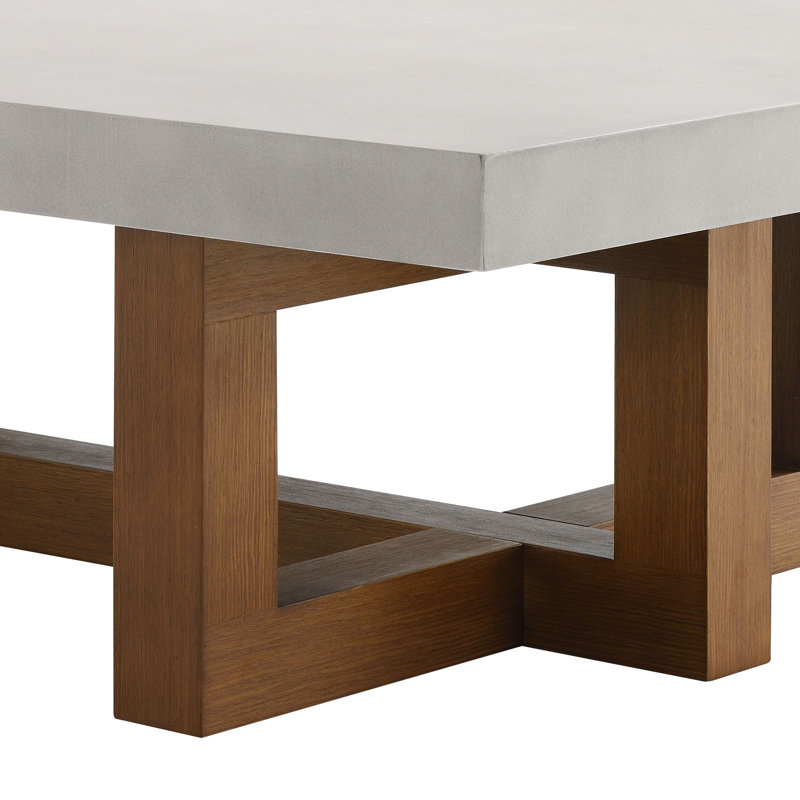 Table basse, plateau en faux béton et finition noyer