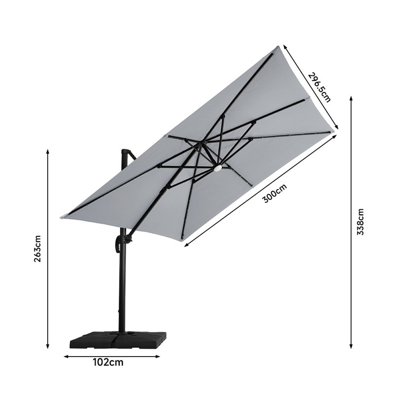 Shellie 300 cm W X 296.5 cm D Square Lighted Cantilever Parasol with Crank Lift Counter Weights included, Light Grey