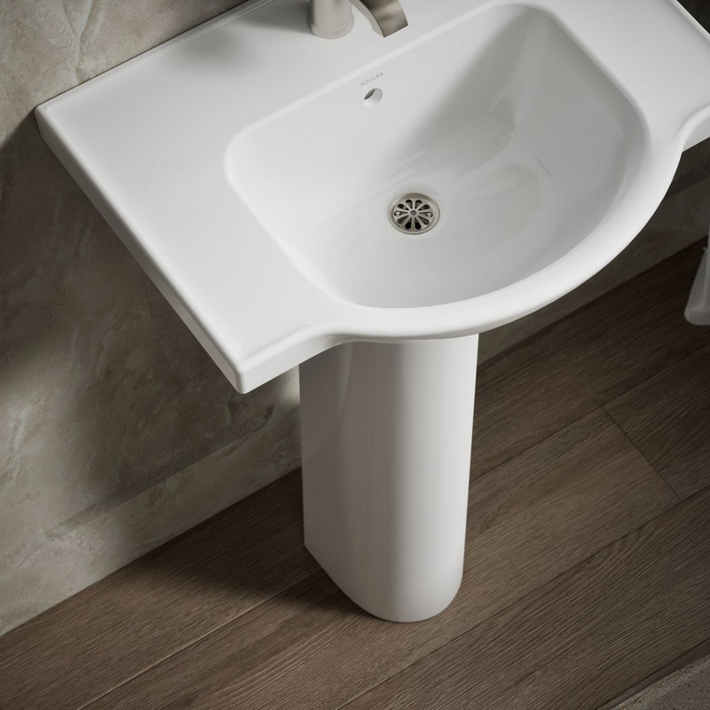 Veer Ceramic Pedestal Bathroom Sink with Overflow, White, Single, 7.99" H x 24" L x 18.25" W