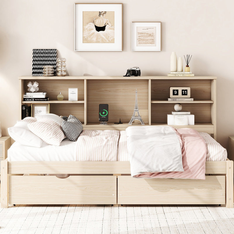 Lit de jour simple avec tablettes latérales, 2 tiroirs, rangement pour lit naturel, coloriage intégré, Naturel