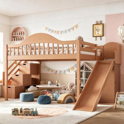 Full Size Wood Loft Bed with Storage Stairs, Slide & Built-in Wardrobe, Heavy-Duty Pine Wood Bed Frame with High Safety Guardrails, Space-Saving Combo Bed for Kids Teens Bedrooms, Dorms, Guests, Walnut.