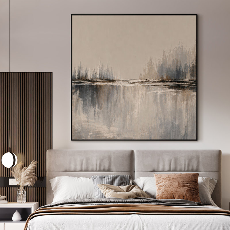 Très grand art mural imprimé sur toile - Paysage abstrait bord de l'eau beige, décor de salon contemporain - "Assemblage requis (cadre non fini)"