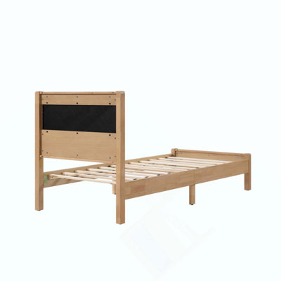 Solid Rubber Wooden Bed with Upholstered Headboard, Reinforced by Central Support Legs
