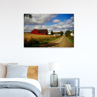 Amish Farm Buildings And Corn Field Along Country Road Ohio Usa. Peaceful Tranquil Abstract Landscape Nature Art
