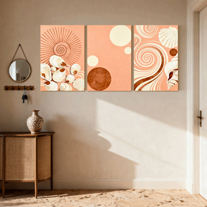 Abstrait coquillage, spirale, soleil, cercles, vagues, motif d'art, ensemble de 3 impressions sur toile, H 24 po x l 48 po