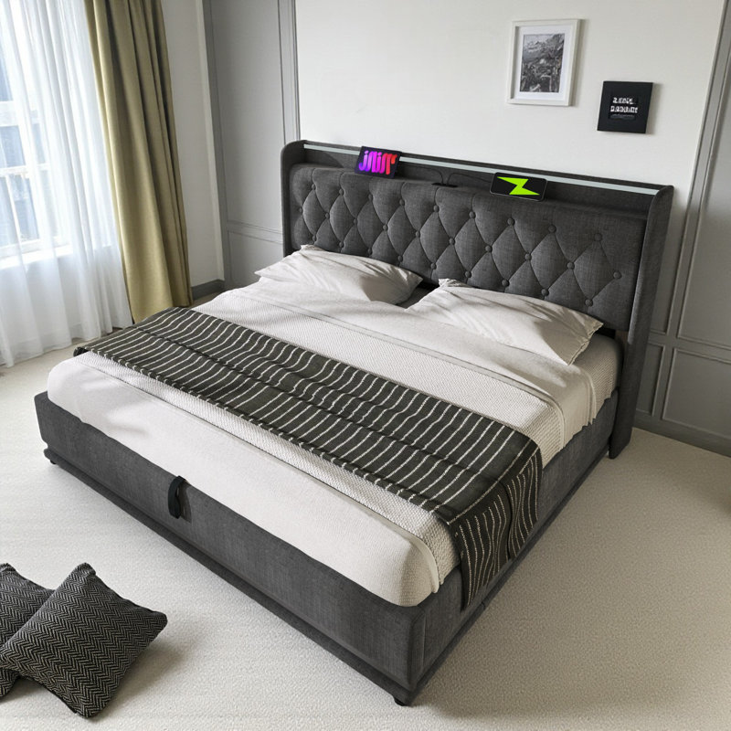 Upholstered 4Ft6 Ottoman Bed Frame With 360 Surround Led Function With Charging Function Hydraulic Storage Bed Frame With Large Storage Space  (No Mattress)